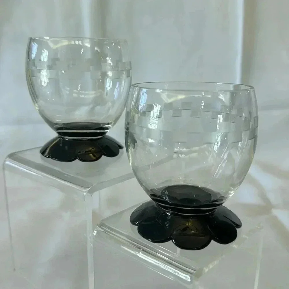 Vintage Art Deco 1930s Black Lily Pad Weston Seneca Glasses - Set of 2